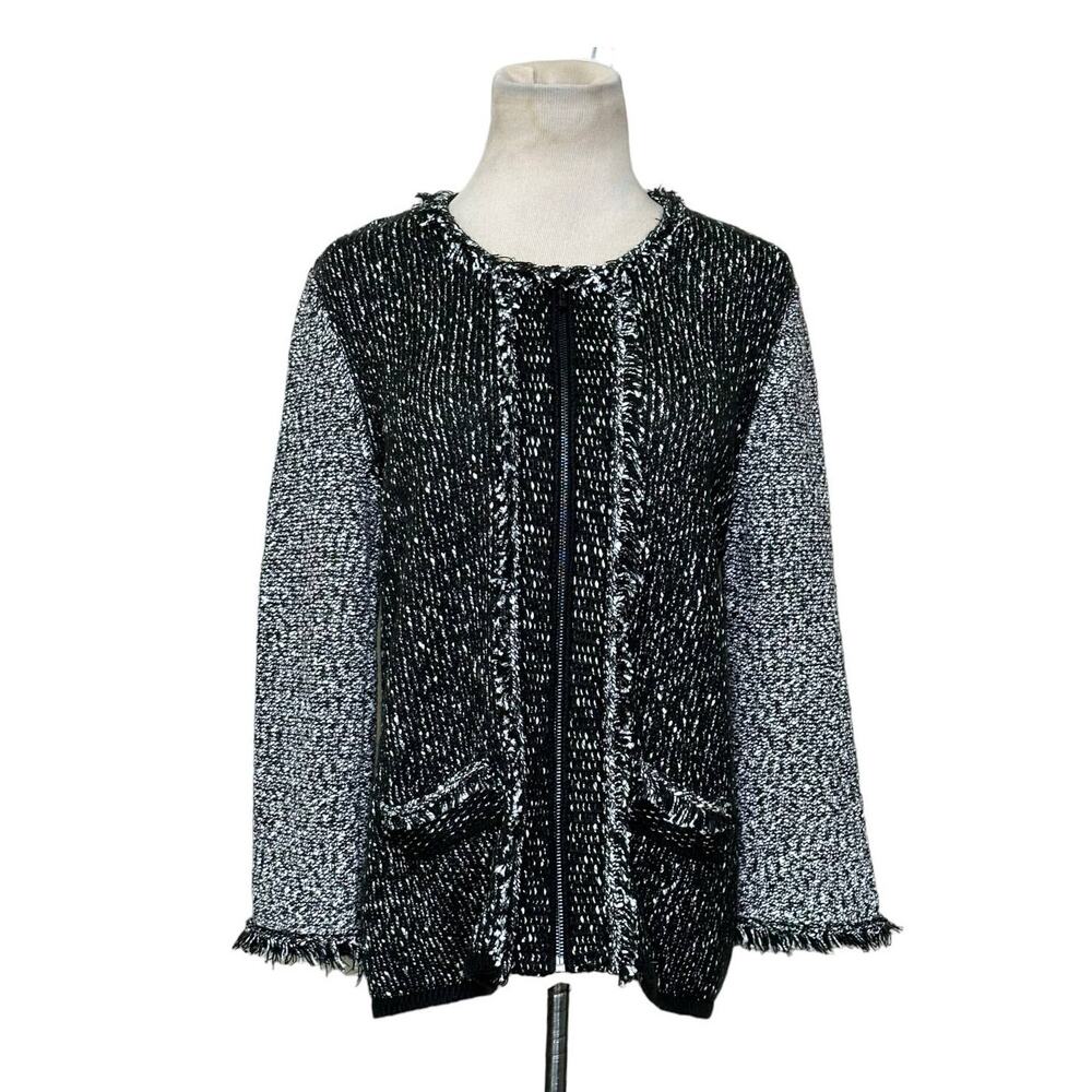 Karl Lagerfeld Two Tone Full Zip Fringe Detail Knit Jacket size Small